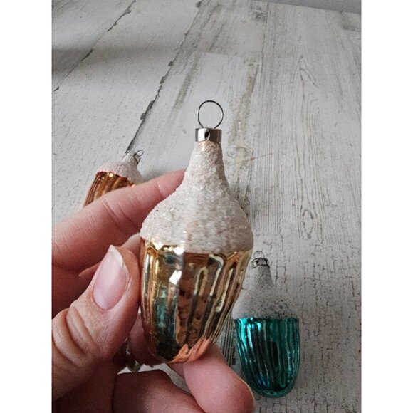 Antique acorn mercury glass ornament flocked set green yellow orange Xmas tree - Picture 3 of 10
